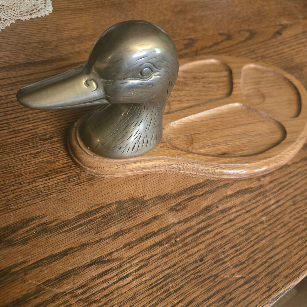 Vtg MCM Brass Duck Head Wooden Valet Tray Trinket Change Jewelry Holder 10.75”